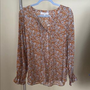 LOFT Gold yellow Ruffled Blouse with V-Neck Puff Sleeves